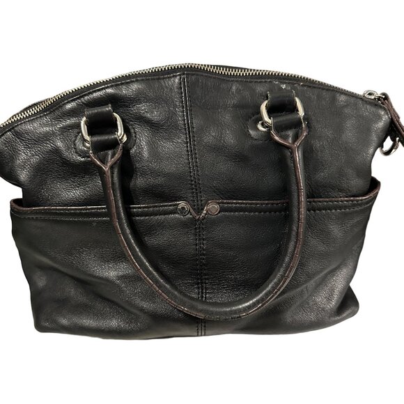 Tignanello black pebble leather double handle medium satchel purse satin lining - Picture 1 of 11